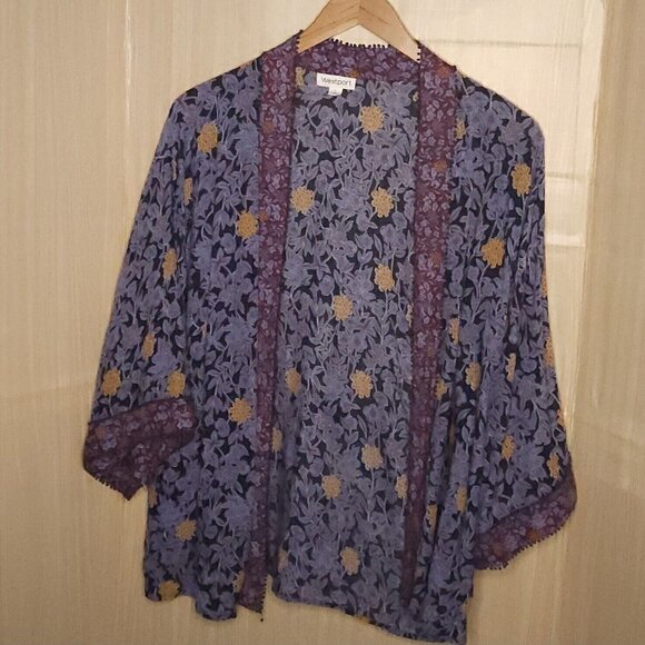 Westport Womens Blue Floral Open Silky Kimono Large - Picture 1 of 6